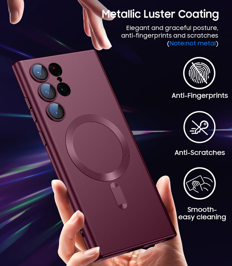 LEKEVO Magnetic for Samsung Galaxy S24 Ultra Case [Compatible with MagSafe][Built-in Camera Lens Protector] Slim Soft Silicone Bumper Shockproof Metallic Luster Phone Case (Burgundy) Burgundy