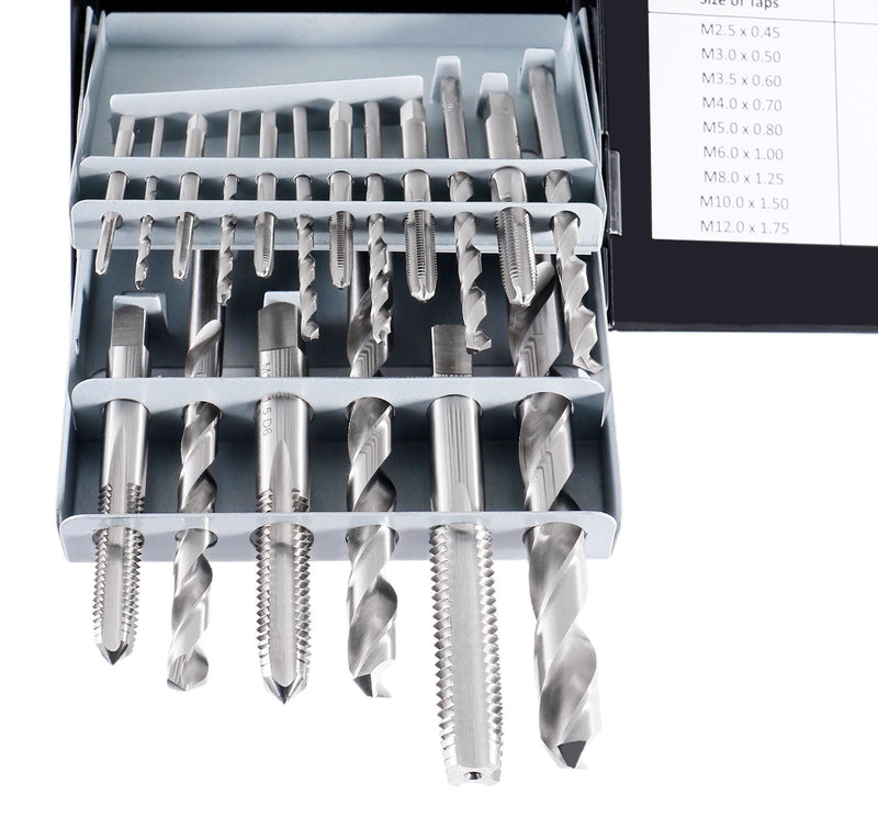 Accusize Industrial Tools HSS Tap and Drill Set, Metric, 18 Pc, 0001-0052 | 18 Pc HSS Tap and Drill Set, Metric, Taps: M2.5x0.45 to M12x1.75, Drills: 2.05 to 10.20 mm, Fully Ground