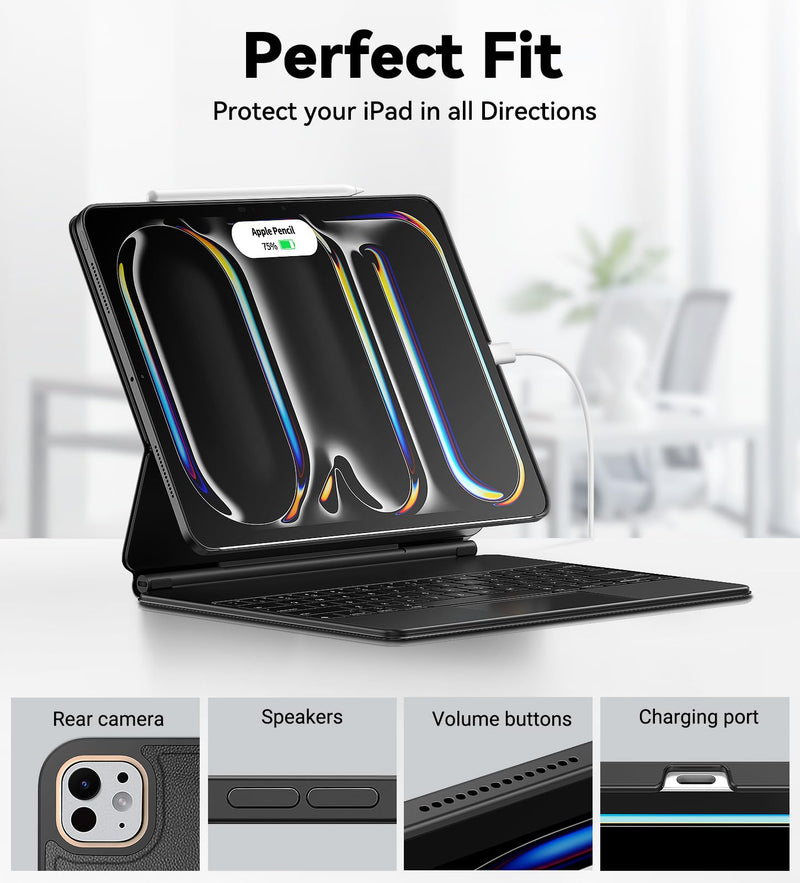 Matekxy Magic Keyboard Compatible Case for iPad Pro 13 Inch M4 2024/M5 2025 | Case with Smart Connector, Full 4-Side Protection & Magnetic Pencil Alignment Guide, Slim Cover, Black