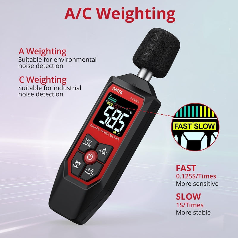 BINTA Decibel Meter, Digital Sound Level Meter with A/C Weighted, Portable SPL Tester 30-130dB Noise Measure with Backlit LCD Display, Max/Min, dB/SONE Unit, Data Hold for Home Office Factory Neighbor