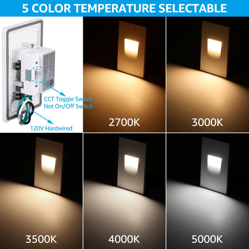 LEONLITE 5CCT 120V LED Step Lights, 3.5W 150LM 5%-100% Dimmable Indoor Outdoor Waterproof Vertical Stair Light, 2700K/3000K/3500K/4000K/5000K Selectable, CRI90, ETL, Aluminum, White, Pack of 3 2.87 Inch