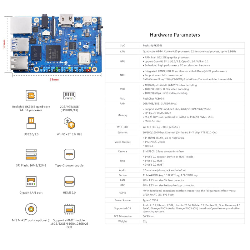 Orange Pi 3B 4G V2.1 Version RK3566 Quad Core 64 Bit Single Board Computer, 1.8 GHz Frequency WiFi Bluetooth Open Source Board Run Orange Pi OS, Android, Debian, Ubuntu, OpenHarmony (Pi 3B 4GB) Pi 3B 4GB