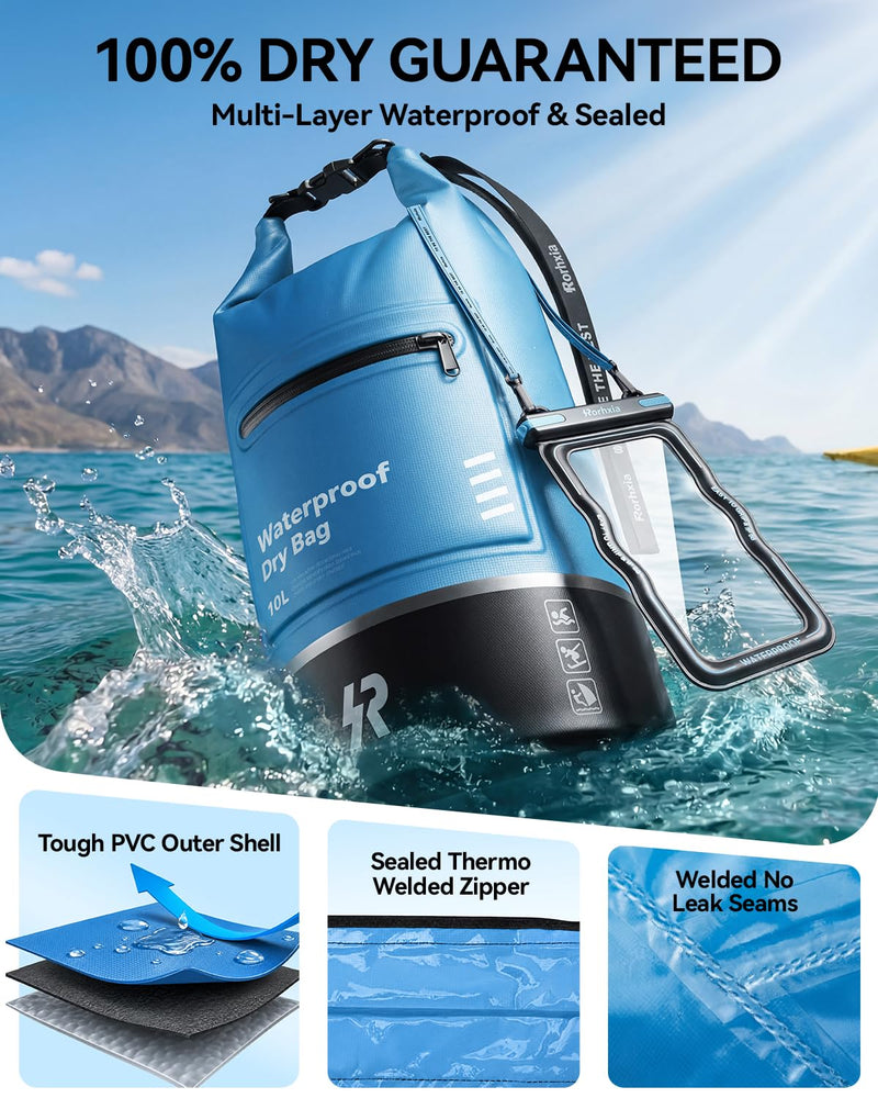 Rorhxia 10L Waterproof Dry Bag, [Upgraded Waterproof & Tearproof] with Bonus Phone Waterproof Case, Roll Top Floating Waterproof Storage Bag for Kayaking, Beach, Fishing, Gym, Camping Outdoor