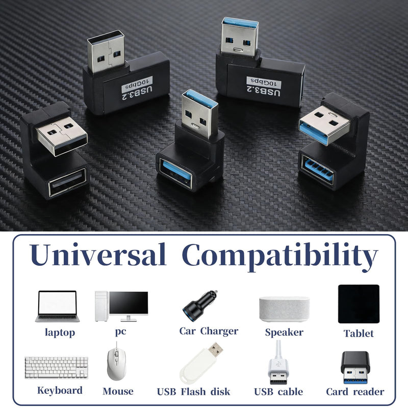 6 Pack USB Adapter, Left and Right Angle, 180 Degree / 90 Degree Vertical Up and Down USB A Male to Female Extender Connector for Laptop Car Charger Power Bank Flash Drive Devices