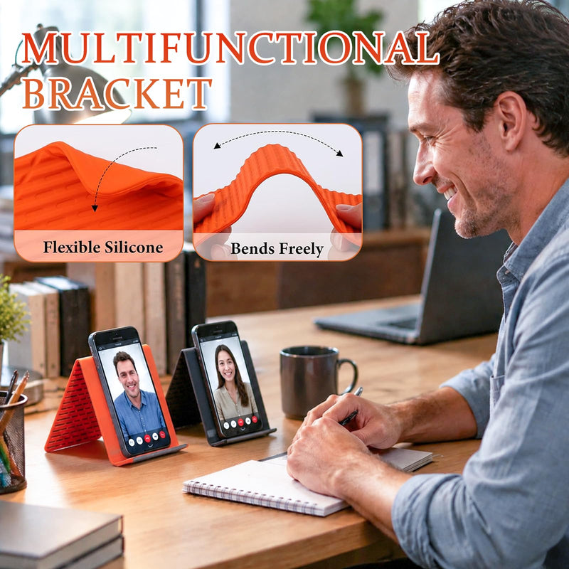 Flexible Silicone Phone Stand with Aluminum, Foldable Portable and Bendable Phone Holder for Phone Tablet Laptop, Portable Rollable Multi-Angle Stand (Orange) Orange