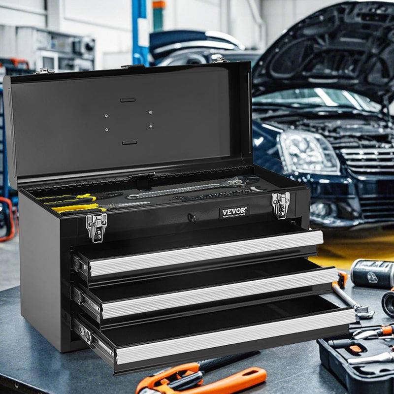 VEVOR Metal Tool Box, 20.5-inch, Portable Metal Tool Box with 3 Drawers, Small Tool Chest with EVA Liners, Ball Bearing Slide Drawers Locking & Powder Coated Finish, Multi-Function Tool Organizer Black-3 Drawer 20 in