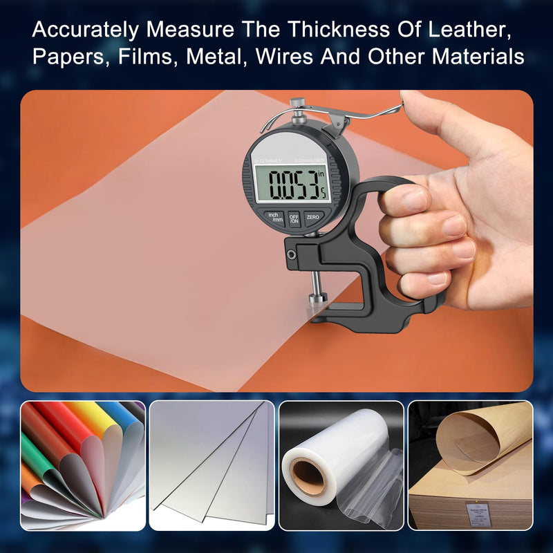 Digital Thickness Gauge 0-12.7mm/0.5" | 0.01mm/0.0005", Thickness Meter Precise Electronic Micrometer with LCD Display, Suitable for Paper/Film/Leather/Wire Thickness Gauge-Black