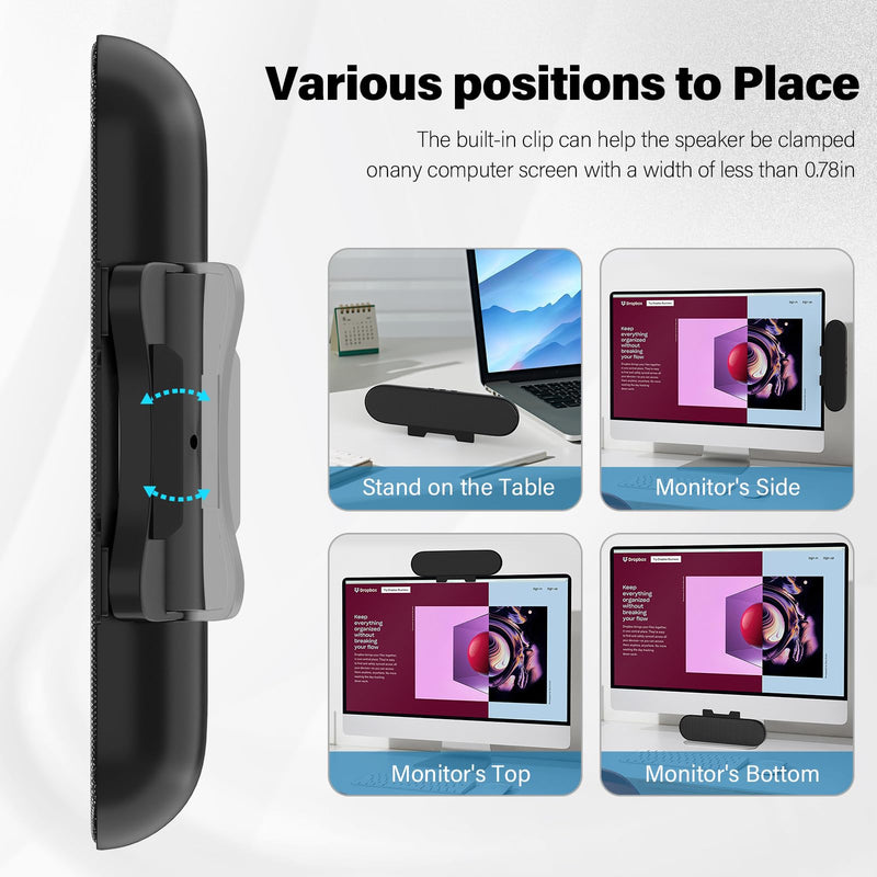 Computer Speakers for Desktop Monitor,Single Speakers for Desktop PC,Laptop Speaker with Loud Sound,Volume Control Easily Clamps to Monitors(USB-C to USB Adapter Included) (Black) Black