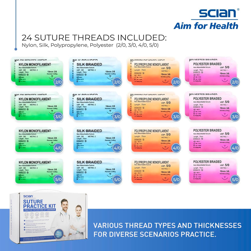 Scian Advanced Practice Kit for Medical Students (36 Pcs) Complete Suture Kit Includes Variety of Suture Threads, Unique Arch-Shaped Pad, Suture Pad with 14 Pre-Cut Wounds (Education Only)