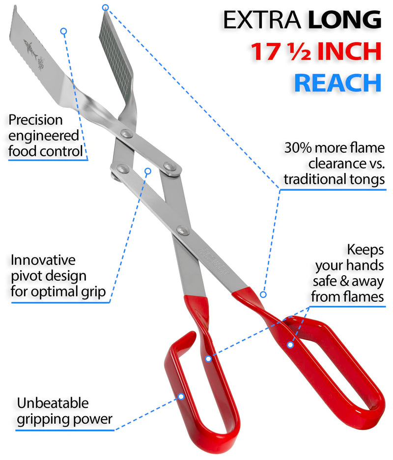 Shark BBQ Grill Tongs - 17 inch Red. Professional kitchen and outdoor grilling utensil. Long reach Barbeque Grilling Tongs. Ideal for steak, fish, burger, and sausage Red Long-reach