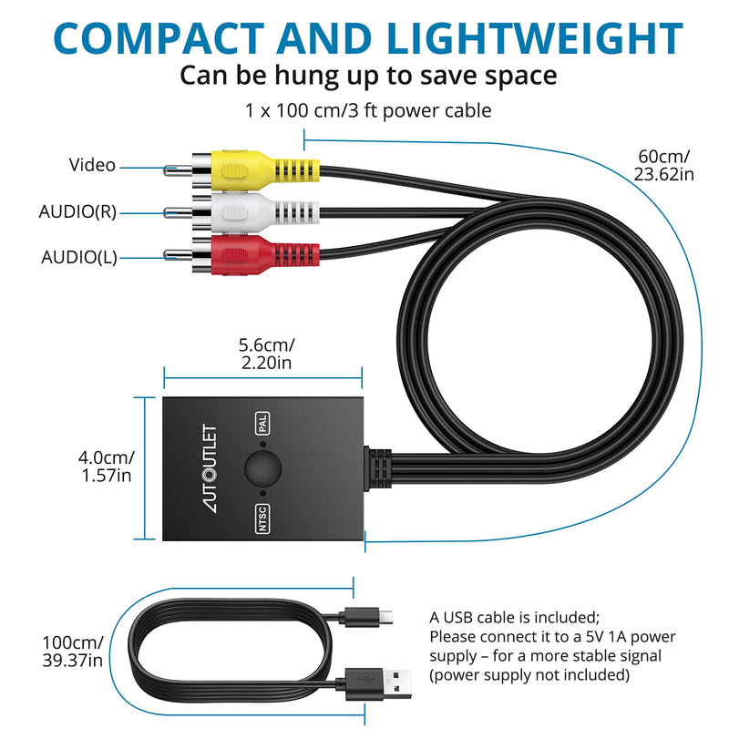 AUTOUTLET HDMI to RCA Converter 1080P HDMI to AV 3RCA CVBS Adapter | 1080P Video Audio Conversion, Supports NTSC PAL, Compatible with TV Stick Fire Stick Roku Apple TV Chromecast, Plug and Play