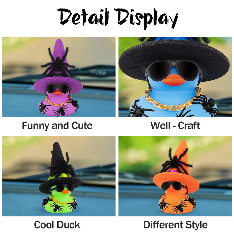 wonuu Car Dashboard Decorations Spiders Witch Rubber Ducks for Halloween, Duck for Office Desk Ornament Accessories with Hat, Glasses, Chain, Plush and Plastic Spider, Green
