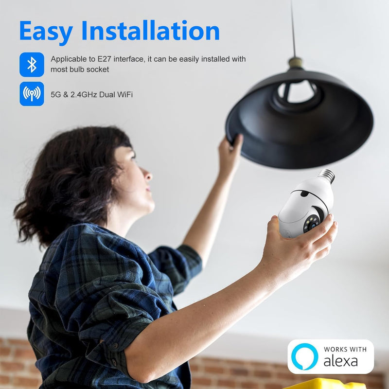 Chpuss Light Bulb Security Camera, 5G& 2.4GHz WiFi Security Cameras Wireless Outdoor for Home Security, 2-Way Audio Color Night Vision, Motion Detection Siren Alarm 1Pack - 5G & 2.4GHz