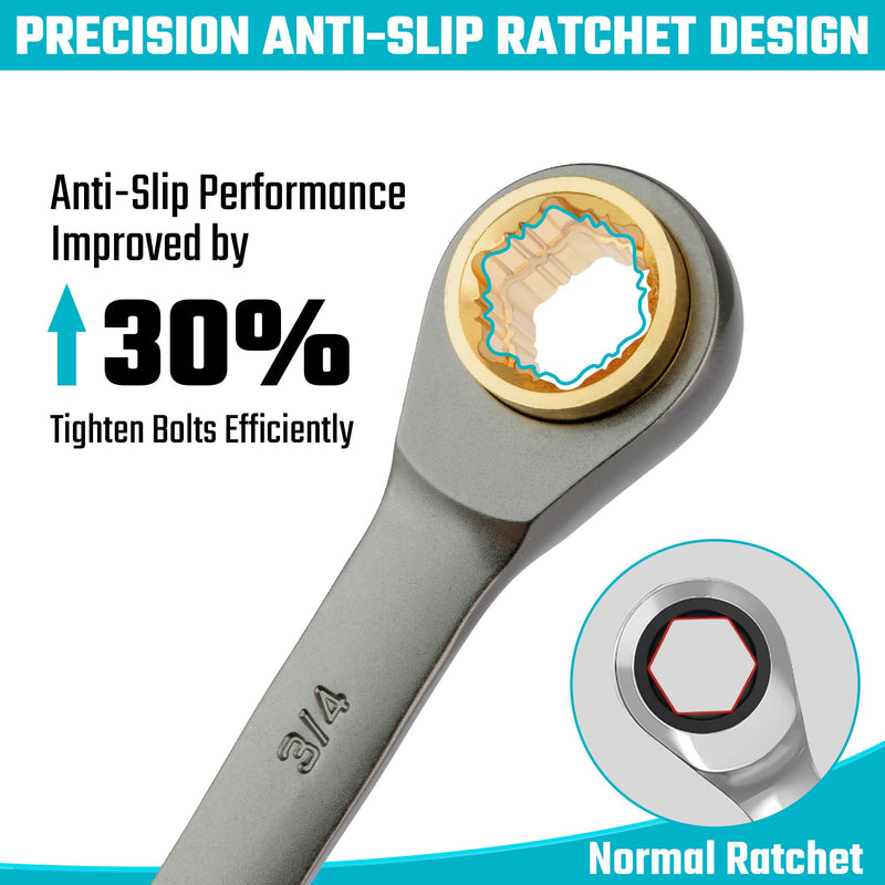 DURATECH Anti-slip 4-in-1 Reversible Ratcheting Box Wrench Set, Double Box End, SAE, 2-Piece, 5/16, 3/8, 7/16, 1/2 & 9/16, 5/8, 11/16, 3/4-Inch, CR-V Steel, Nickel Plated, with Rolling Pouch Anti-slip & SAE