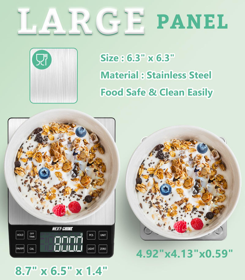 NEXT-SHINE Food Kitchen Scale 11lb, 0.1g/0.01oz Precise Graduation Rechargeable Digital Scale with Nine Units Large Tray Stainless Steel Platform LCD Display for Meal Prep Cooking Baking Black