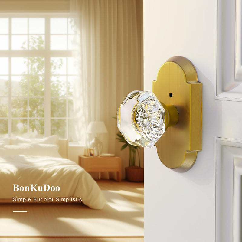 Crystal Door Knobs Interior, Antique Brass Door Knob with Lock, Glass Privacy Door Knob for Bedroom Bathroom 1 Pack