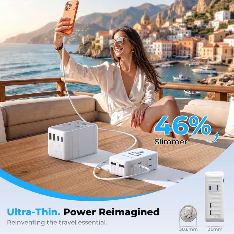 Aura 70W International Travel Adapter, 36mm Ultra-Slim 6-in-1 Universal Wall Charger, PD & QC 3.0 Fast Charging Essentials for Laptop, Phone, UK Europe USA Australia (Arctic White) Arctic White