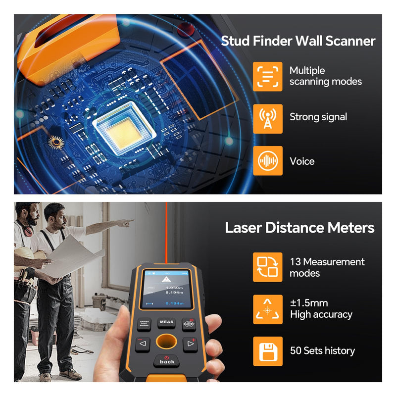 Stud Finder Wall Scanner - with Laser Distance Meter & Digital Level, 5 in 1 Rechargeable Multifunctional Stud Detector with Upgraded Sensor, HD LCD Display and Voice