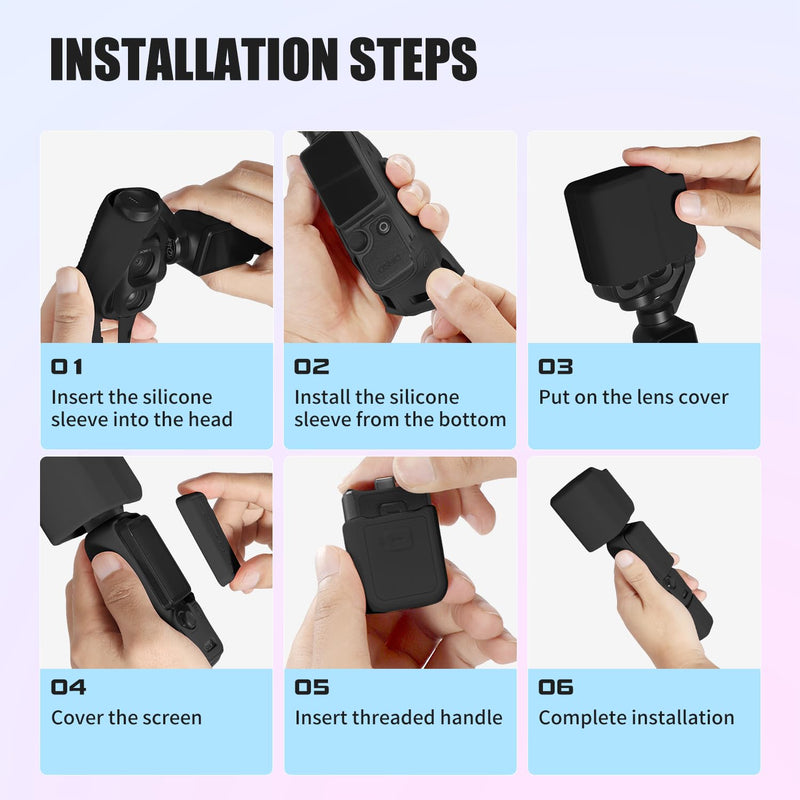 Soft Silicone Protective Case for DJI Osmo Pocket 4P Black | Separate coverage for the lens area, body, screen section, and 1/4-inch threaded handle; charging access stays open.