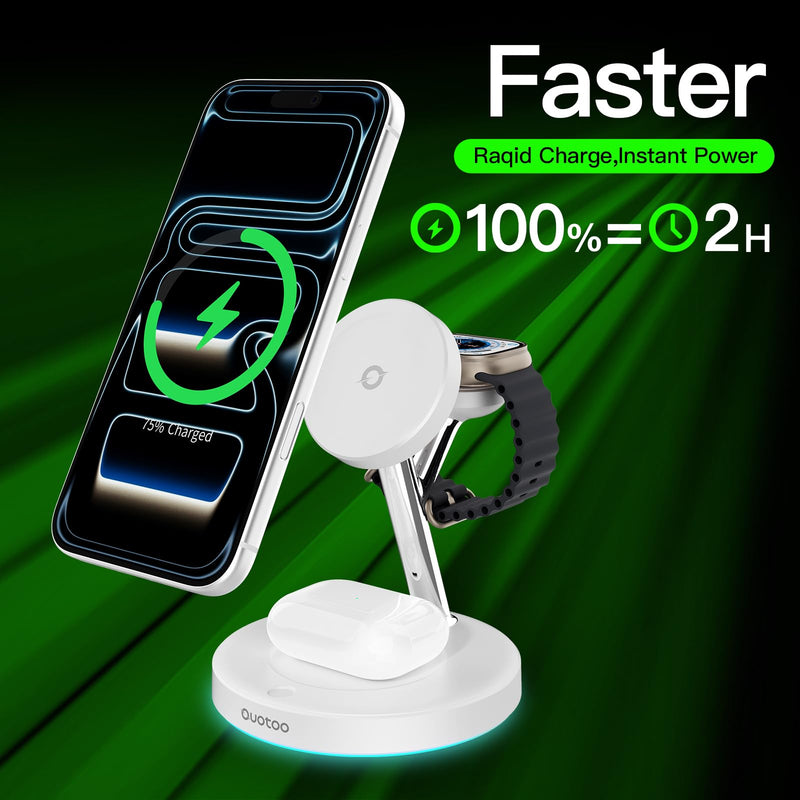 3 in 1 MagSafe Wireless Charger Stand for iPhone Apple Watch AirPods | Adjustable Blue Ambient Light,15W Magnetic Charging Station for iPhone 17 16 15 14 13 12 Series Wireless Charging Station White