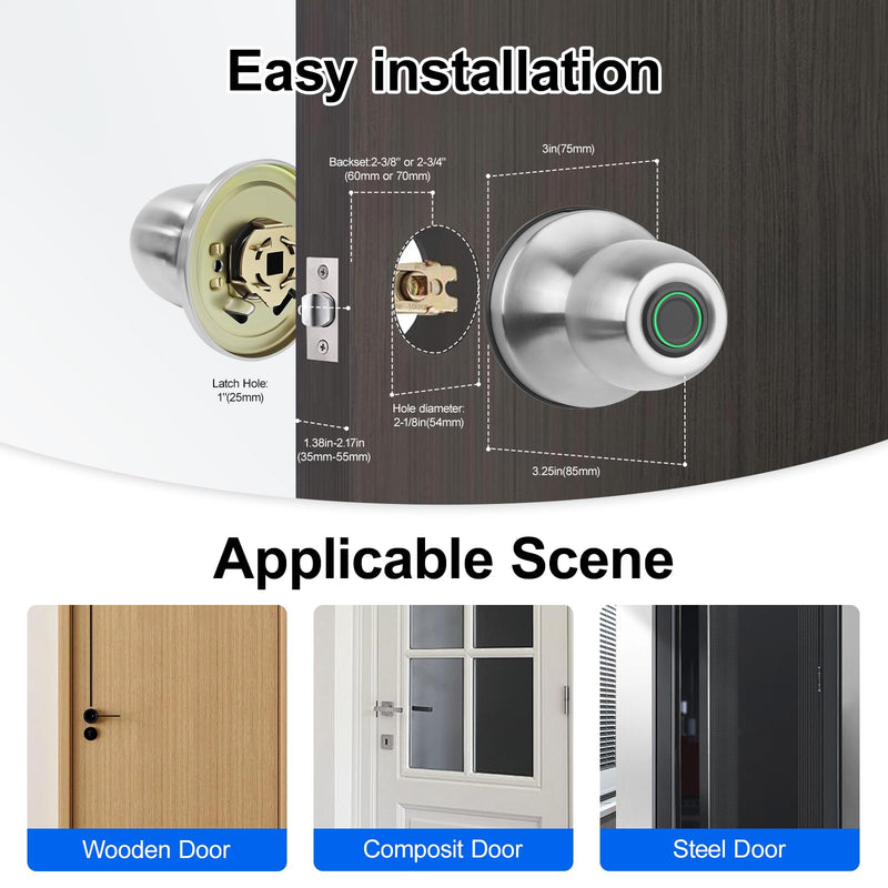 Smart Fingerprint Door Knob, 3-in-1 Keyless Entry with Auto Lock & App, Biometric Digital Lock for Front Door, Home, Office, Bedroom