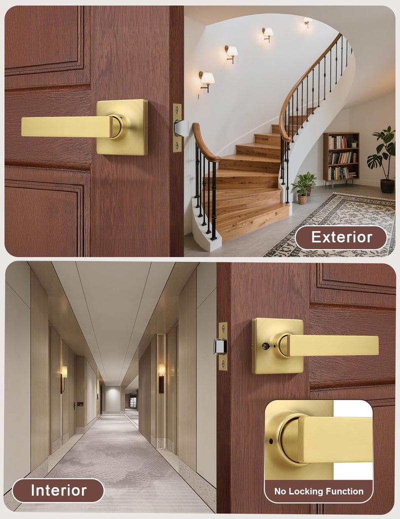 Mengico 1 Pack Passage Door Levers Gold Finish, No-Locking Keyless Square Door Knob, Interior Door Handles for Closet and Hallway, Reversible for Left & Right Handed