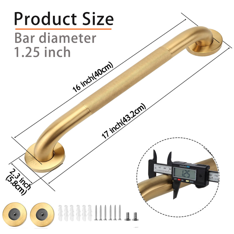 Shower Grab Bar, 2 Pack 16 Inch Gold Bathroom Grab Bar, 1.25" Diameter 304 Stainless Steel Anti-Slip Grab Bars for Bathtubs and Showers, Handicap Shower Grab Bar for Seniors Elderly