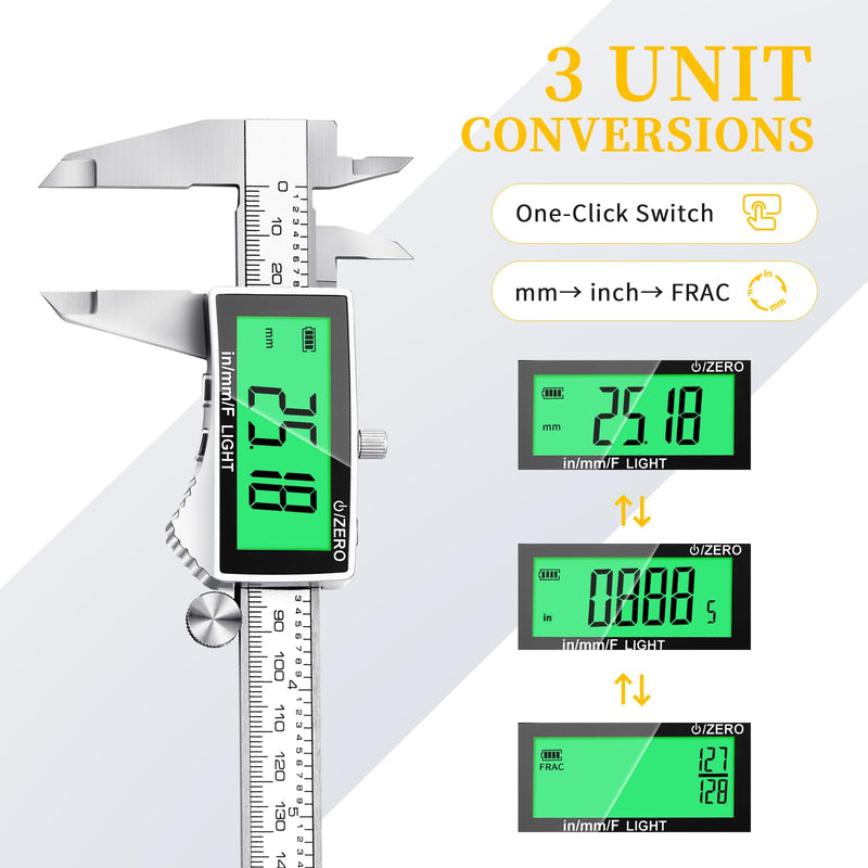 Rechargeable Digital Caliper 6 Inch, Stainless Steel Vernier Dial Calipers Measuring Tool - Backlit Large LCD Display, Inch/MM/Fraction, Auto-Off Micrometer for DIY, Household, 3D Printing