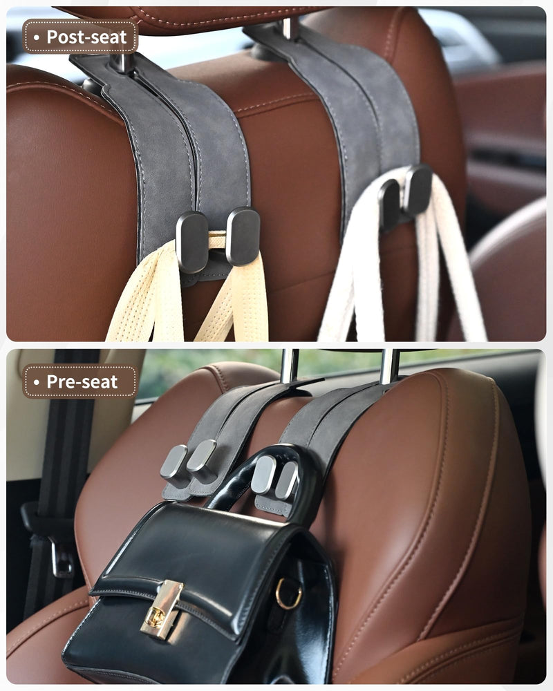 Headrest Hooks for Car, 4 Pack Car Seat Back Organizer Storage Hook, Double Hook Car Seat Hooks for Hanger Purses and Bags, Leather Purse Holder for Car, Black Black-4Pack
