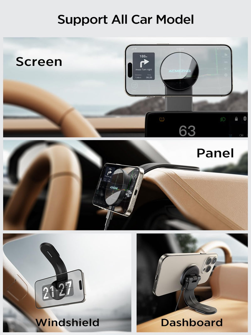ACMEZING 15W Only for iPhone MagSafe Car Mount Charger, 360% Adjustable | Aluminum Alloy Arm, Relocatable Car Phone Holder, Magnetic Wireless Fast Charging, Cell Phone Holder for All Cars, Black