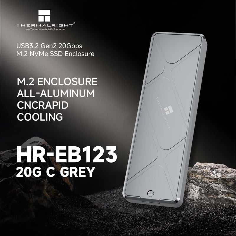 Thermalright HR-EB123 20G C Grey M.2 External Enclosure-NVMe Protocol | Aluminum Alloy housing, 20Gbps C-to-C Cable, 8TB Portable SSD Storage, Compatible with Android,Windows, and Mac Systems EB123 20G C Grey