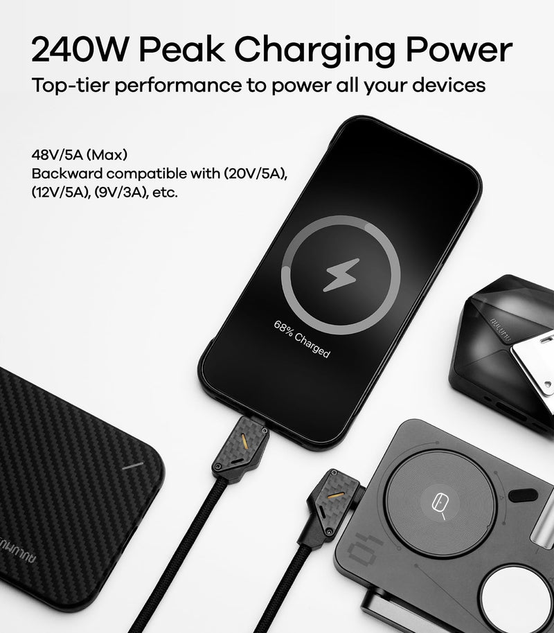 Aulumu M07 240W USB-C to USB-C Carbon Fiber Cable | USB 3.1 Gen2 10Gbps | 4K@60Hz Video Output Fast Charging | For iPhone 17/16/15 Pro Max, NVMe SSD, Galaxy S25/S24/S23 Ultra, MacBook Pro -Black 6.6FT Black - Carbon Fiber