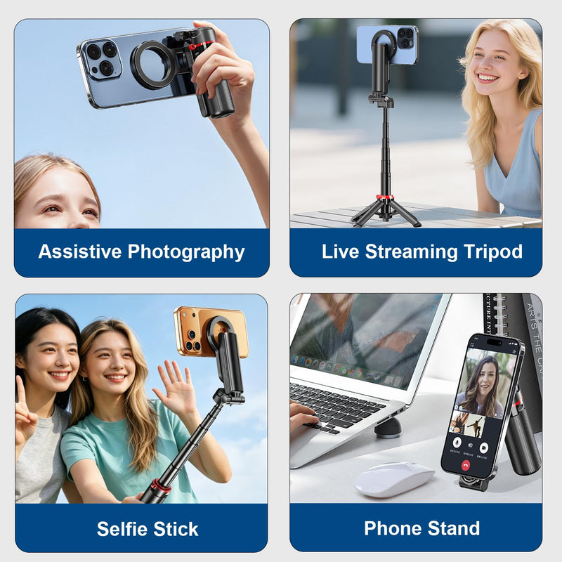 Koolehaoda Magnetic Mini Selfie Stick for MagSafe 4 in 1 Phone Tripod | Extendable Stand with Detachable Phone Clip Wireless Remote Portable Pocket Size for iPhone Android Foldable Compact Travel