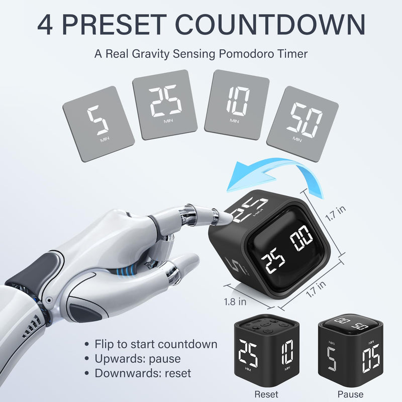 Rotating Pomodoro Timer 5, 25, 10 50 Minutes Preset, Desk Productivity Timer w/Gra vity Sensor, ADHD Tool Cube Countdown, Custom Modes, for Work, Study, Back to School, Kitchen, Black, 2 Pack 2 Pack Black