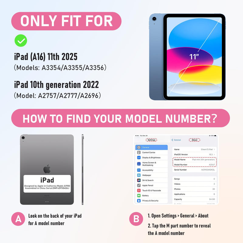 Case for iPad (A16) 11th/10th Generation 11"/10.9" 2025/2022, Pink Mint | Full-body Heavy Duty iPad A16 Case for Adults Kids with Screen Protector, 360° Rotating Stand, Shoulder Strap, Pencil Holder Pink+Mint