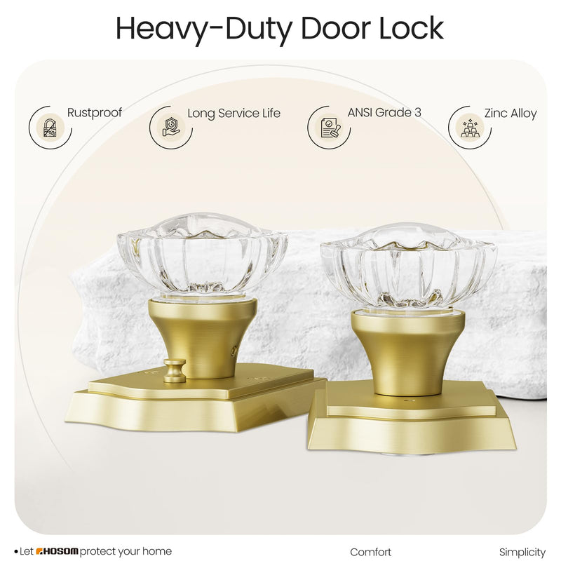 HOSOM Glass Door Knobs with Lock, Privacy Door Knob, Keyless Gold Door Knobs, Crystal Door knobs Interior Door Lock for Bedroom, Bathroom, Gold Privacy+Satin Brass Round Cover With bead