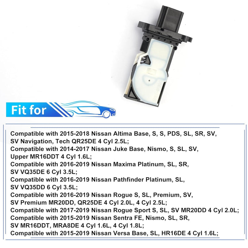 Mass Air Flow Sensor MAF Sensor 22680-BV80B for 2.5L Nissan Altima Juke Versa 1.6L Maxima Pathfinder 3.5L Rogue Rogue Sport 2.0L 2.5L Sentra 1.6L 1.8L 2015-2017, Replace# AFH60M48