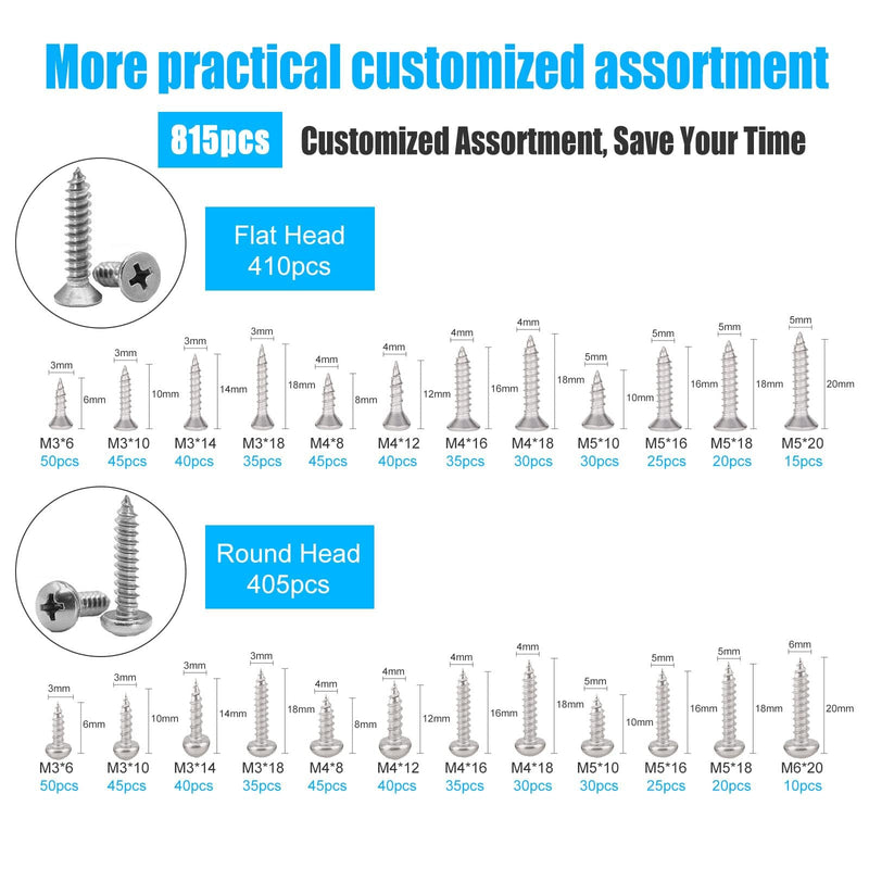 M6 M5 M4 M3 Wood Screws Assortment Kit,815pcs Metric Stainless Steel Assorted Self Tapping Screws Set Truss Flat Pan Head Phillips Drive Drilling for Deck Drywall Concrete Sheet Metal