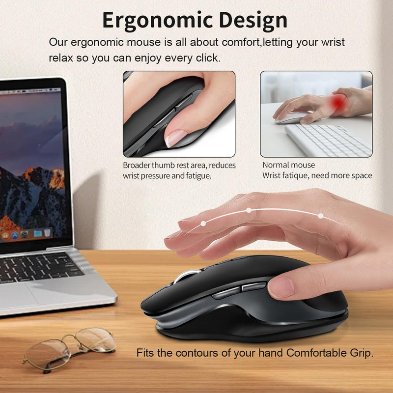 Wireless Ergonomic Mouse Bluetooth 2.4G Rechargeable | Ergonomic Grip, Silent Click, RGB Backlit, 5-Level DPI 1000-6400, USB-C Charging, Side Buttons, for PC/Laptop/Mac/iPad Black