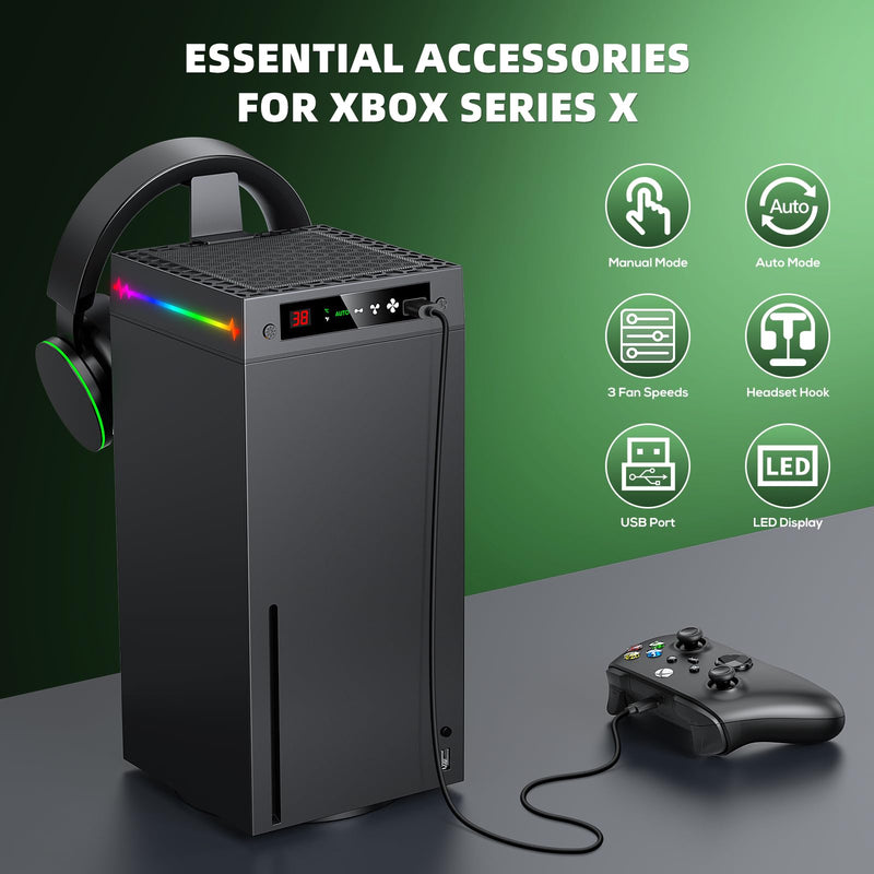 Auto Cooling Fan for Xbox Series X with LED Temperature Display&9 RGB Light | Smart Thermally-Adjustable Cooling System for Xbox Series X, 9 Lighting Modes, Cooler&Light Switch, Headset Hook, USB Port