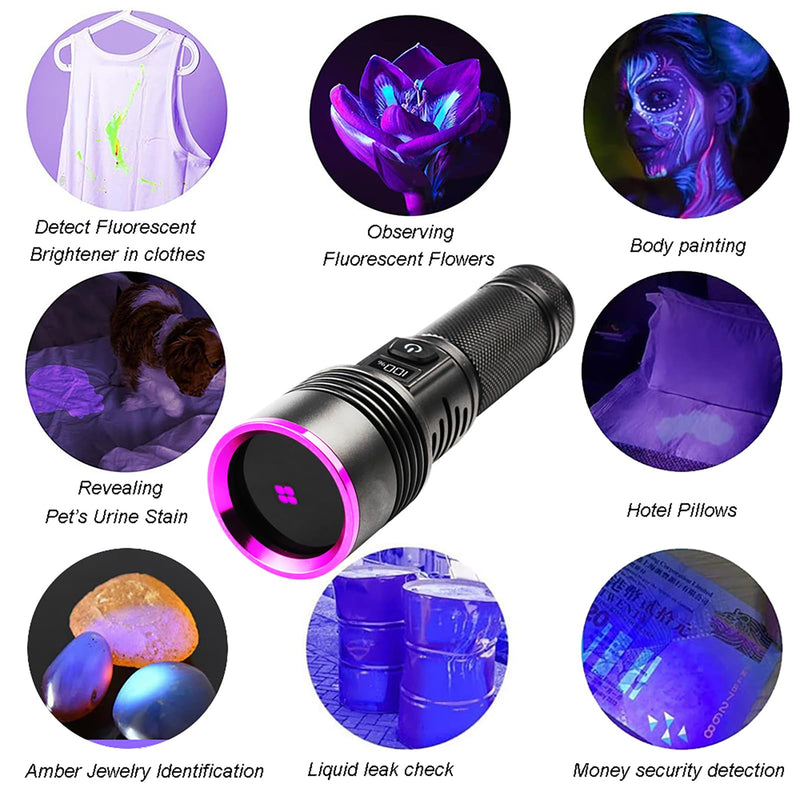 365nm Black Light Flashlight, UV Flashlight 7000 mAh Rechargeable with LCD Display, UV lamp for Pet Urine Detection, Blood Tracking, Scorpion, Uranium Glass, AC Leak 365nm 30W Rechargeable