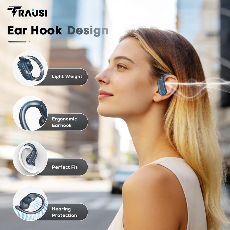 TRAUSI Wireless Earbuds Bluetooth Headphones, 54H Playtime Stereo Over Ear Buds with ENC Noise Cancelling, LED Power Display, IPX7 Waterproof Sport Earphones wih Earhooks for Running/Workouts Blue