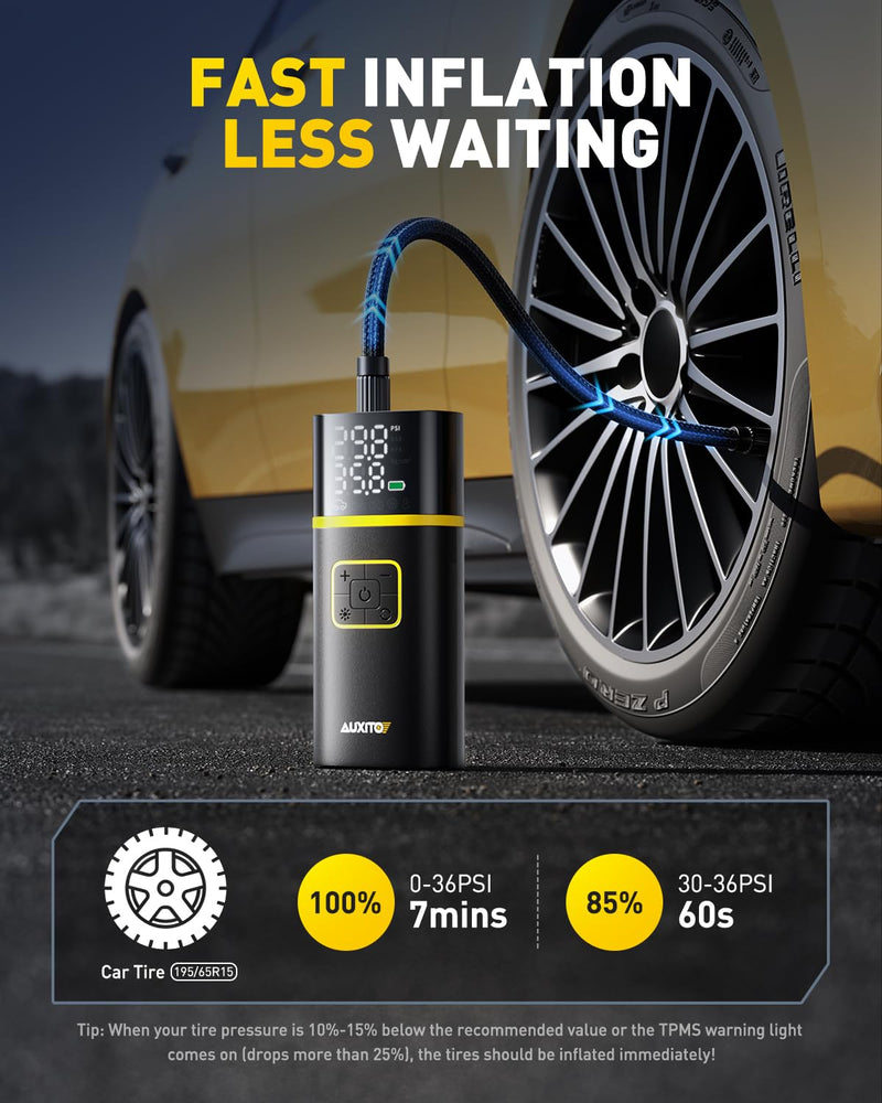AUXITO Tire Inflator Portable Air Compressor - 150PSI 1Min Fast Inflate Air Pump for Car Tires with Tire Pressure Gauge, LED Flashlight, Portable Tire Inflatores for Car, Sedan, Motorcycle, Bike, Ball A301-5200mAh