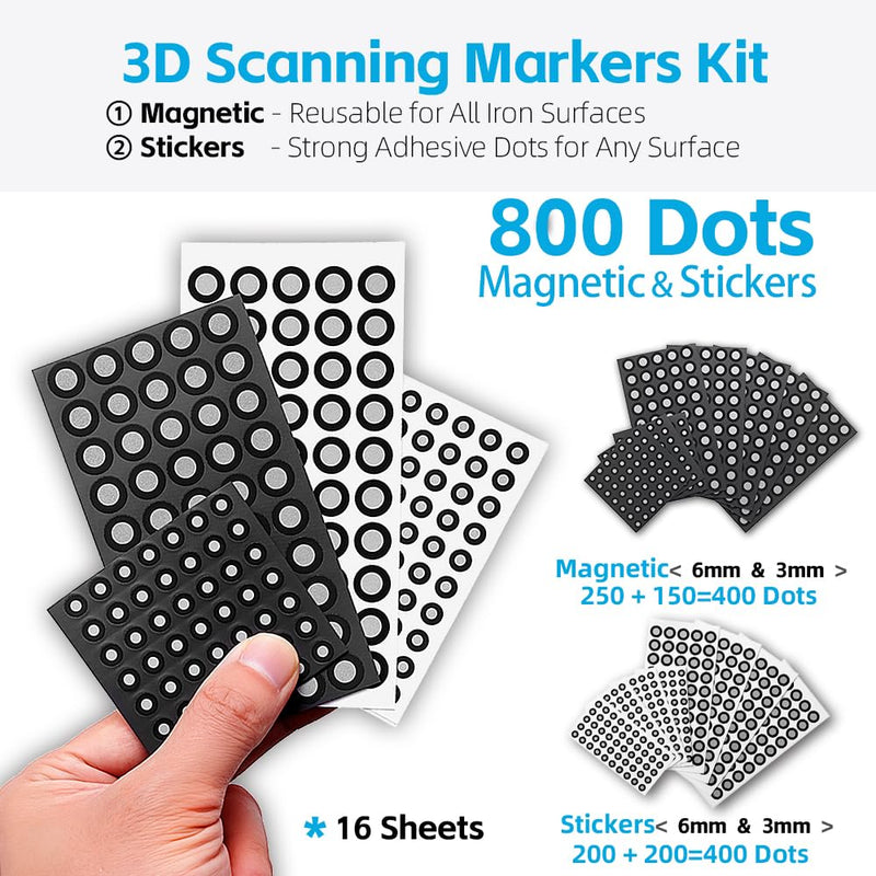 800 Dots 6mm & 3mm 3D Scanning Markers for 3D Scanner | High Precision Tracking & Positioning Dots for 3D Scan, Reusable Magnetic & Stickers Combo(16 Sheets) 6mm&3mm 800