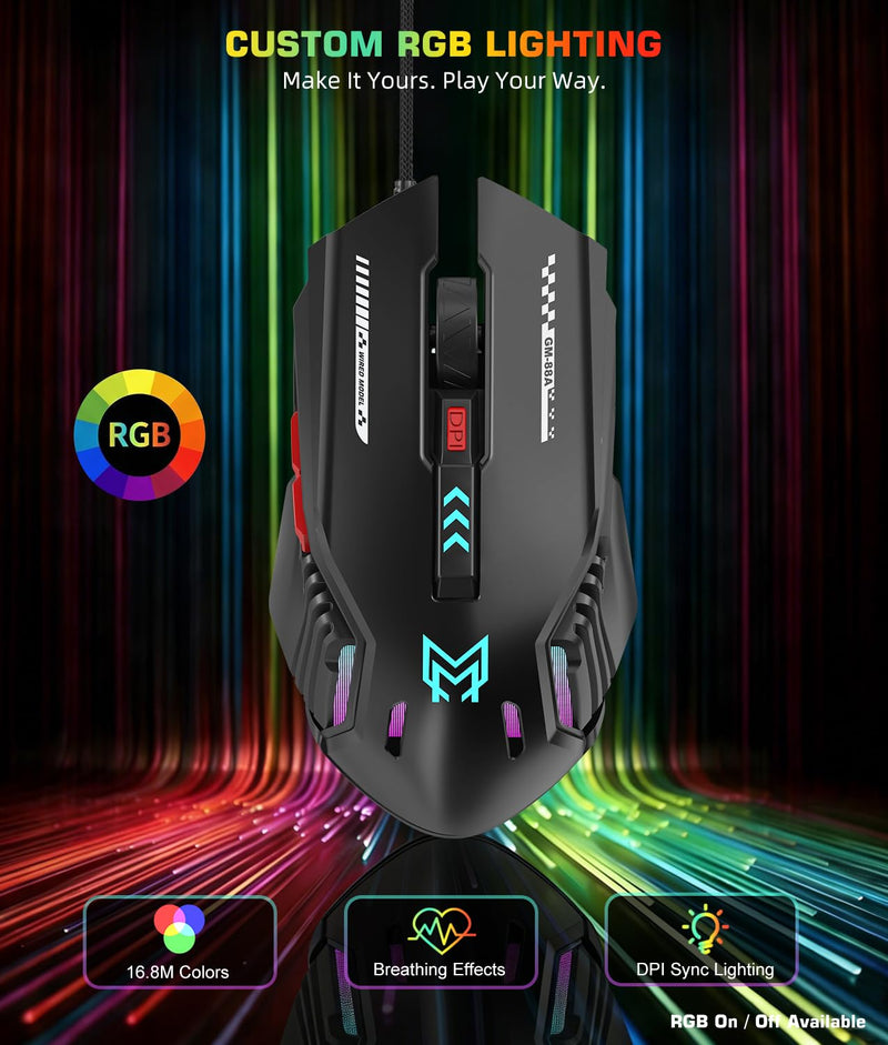 Customizable Wired Gaming Mouse with 6 Levels DPI and 6 Programmable Button | Low-Noise Clicks and RGB Lighting for Gaming, Office Work and Daily Use Black