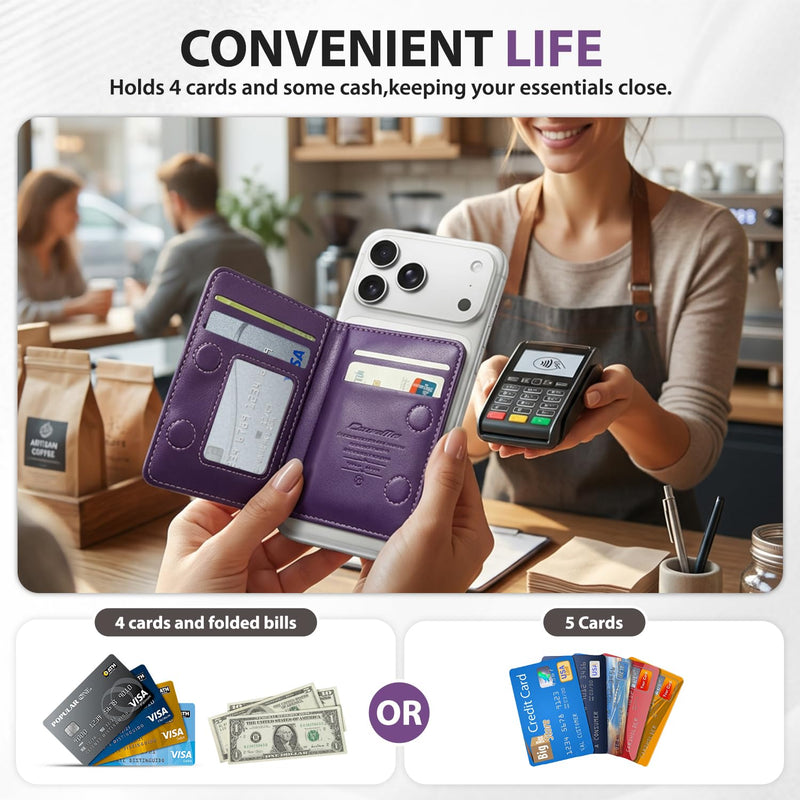 Magnetic Wallet for iPhone, Detachable Magnetic Card Holder Compatible with MagSafe, RFID Blocking Magnetic Phone Wallet with Kickstand for iPhone 17/16/15/14/13/12 Series, Purple