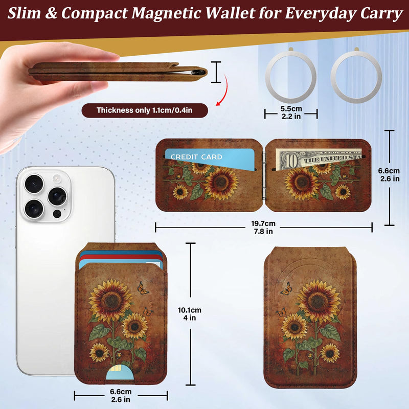 bolimoss Sunflowers Magnetic Wallet Stand,Leather Card Holder with 3 Card Slots & 2 Rings, Phone Wallet with Adjustable Stand for Phone Case,Magnetic Wallet for iPhone 17/16/15/14/13/12 Series(Brown) Fall Sunflowers