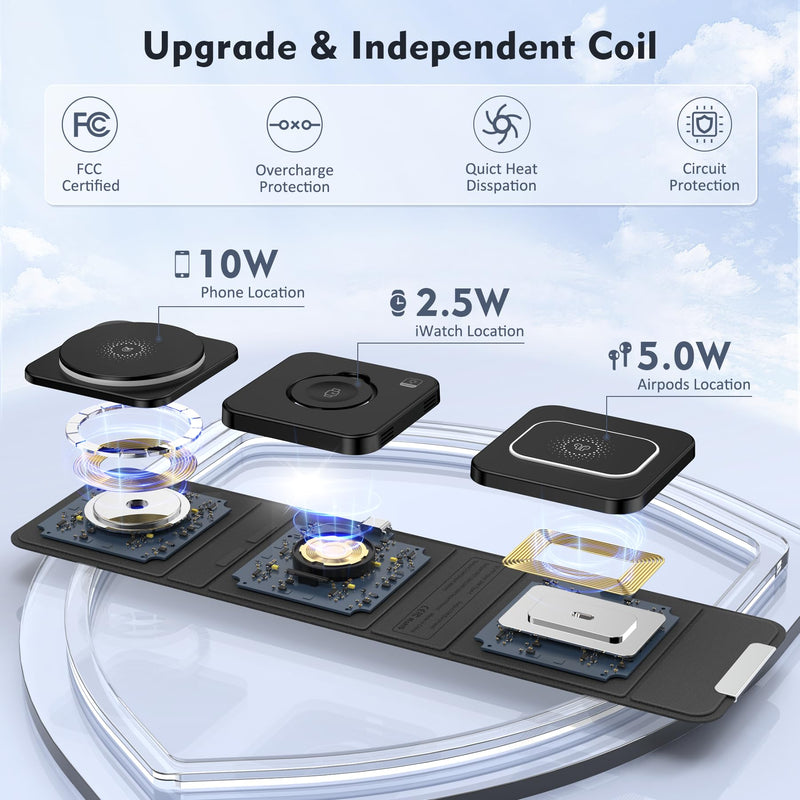Wireless Charger for iPhone - 3 in 1 Charging Station for Apple Multiple Devices, Foldable Magnetic Mag-Safe Travel Charging Pad for iPhone 15 14 13 12 Pro Max Plus iwatch Watch & Airpods Black