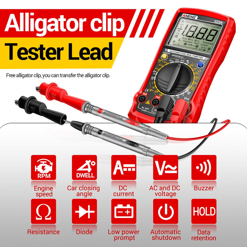 ANENG SZ26 Multimeter,Digital Automotive Engine Analyzer with 500-10000RPM Tach,Dwell Angle,Duty Cycle,DC Current,AC/DC Voltage,Amp,Ohm,Large LCD,Data Hold,Versatile Tester for Car Diagnostics SZ26 Automotive Multimeter