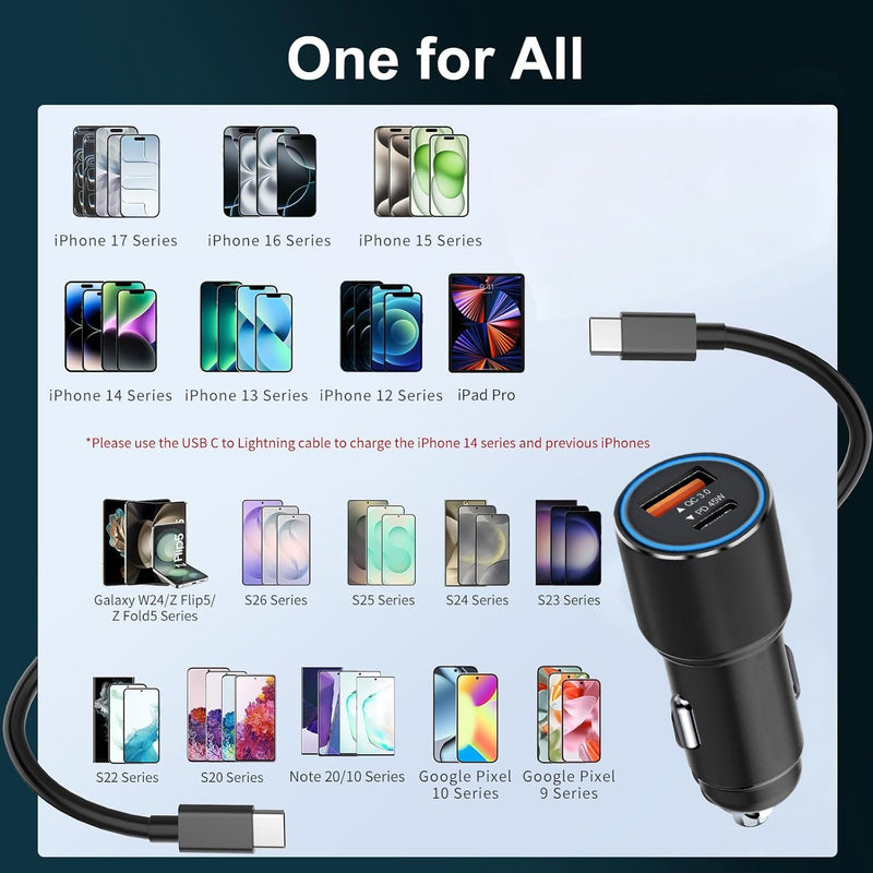 63W Car Charger USB C for Moto Motorola G Play (2022 2023 2024 2025 2026)/G Power/G Stylus/Edge (2020-2026 5G) Android Phone,Dual Port (USB C 45W+QC 18W)Adapter Cigarette Lighter Plug +4FT Fast Cable